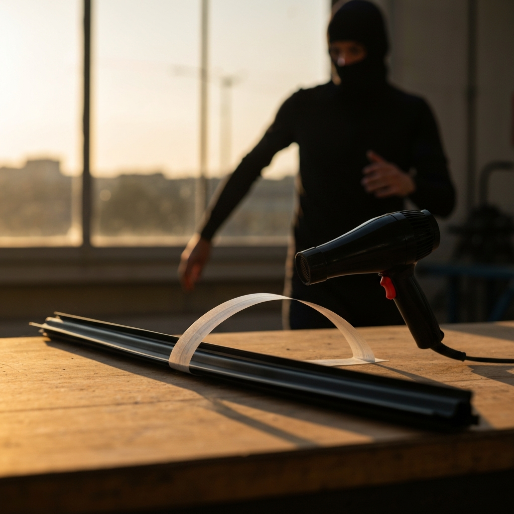 A new refrigerator seal laid out on a workbench, with a hairdryer pointed at it from a short distance. Soft focus on the background creates a sense of depth.