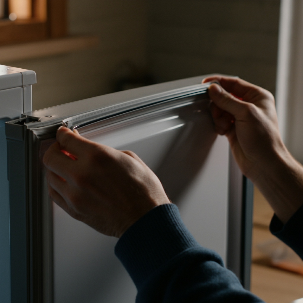 A person installing a new refrigerator seal onto a refrigerator door, using both hands to carefully align and press the seal into place. Natural light streams in from a nearby window, illuminating the work area.