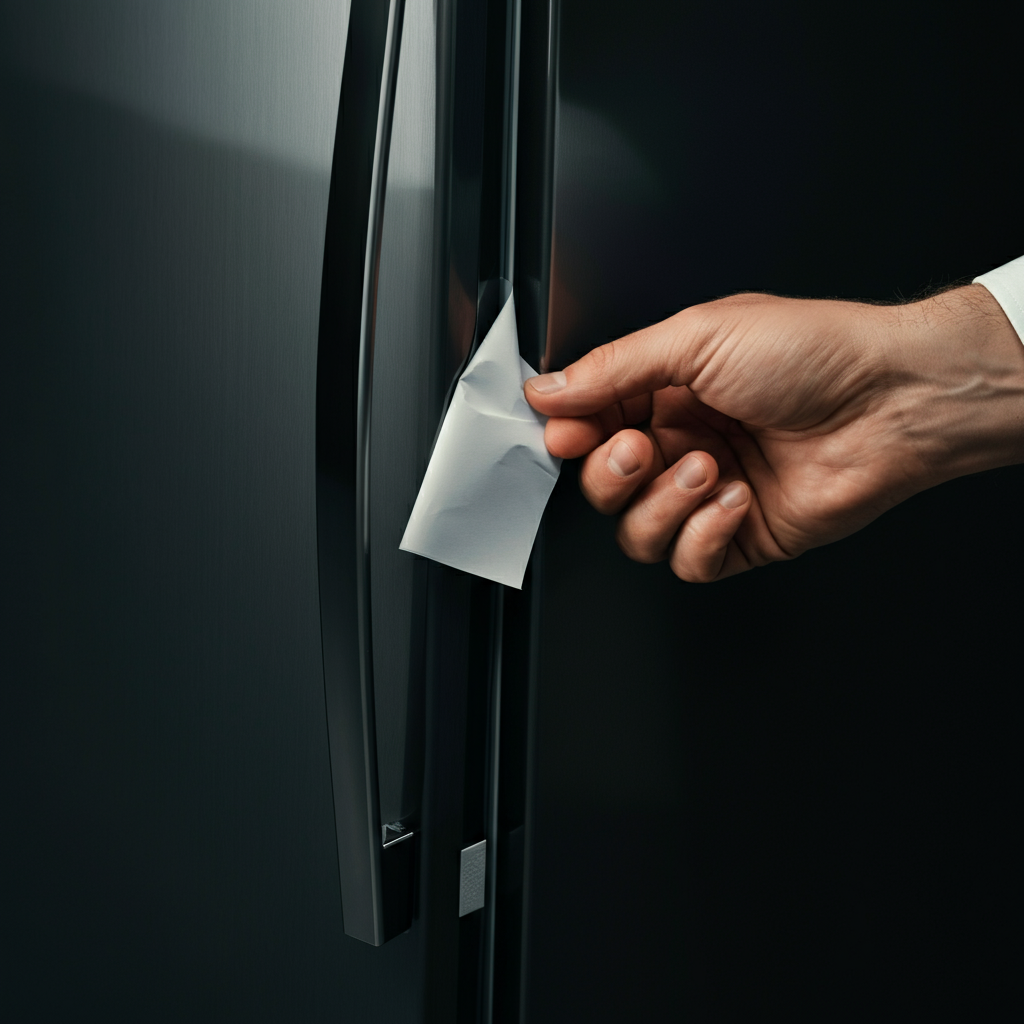 A hand holding a piece of paper between a closed refrigerator door and the refrigerator frame, testing the seal. Shallow depth of field emphasizes the seal and the paper.
