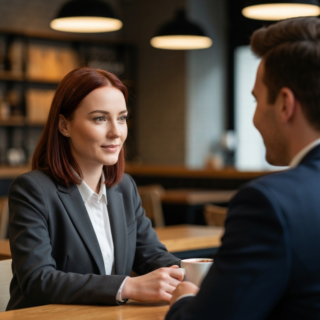 A brightly lit coffee shop interior. A young woman with auburn hair, wearing a professional blazer, makes eye contact with a man across the room who is smiling gently. Soft bokeh in the background highlights the warm textures of the wooden tables.