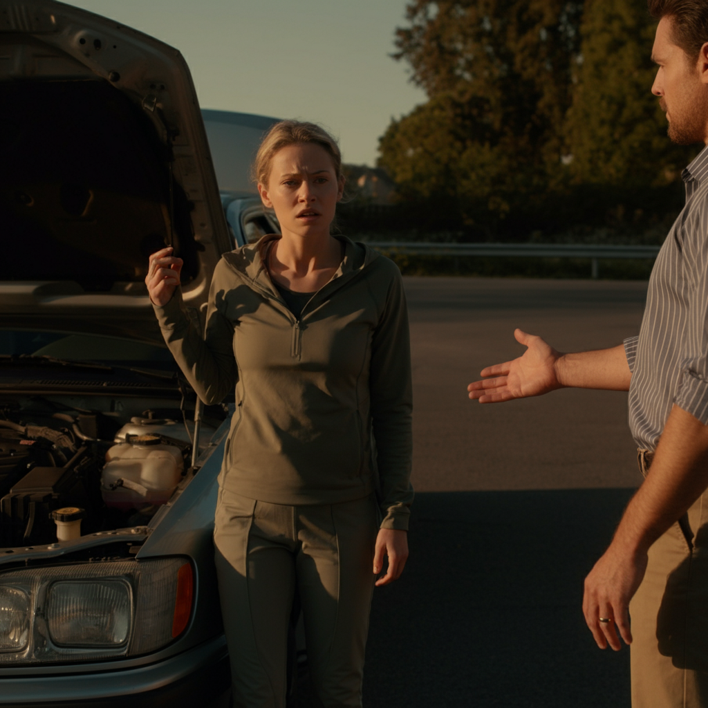 A woman is standing near a car with the hood up, looking confused. A man in a button-down shirt and rolled-up sleeves is approaching her, offering assistance. The scene is set during golden hour, casting warm, soft shadows.