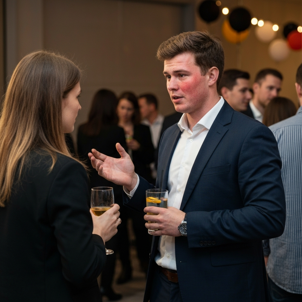 A young man is talking to a woman at a work event. He's holding a drink and gesturing slightly, but appears slightly flushed and avoids direct eye contact. The background is a blurred mix of people and decorations.