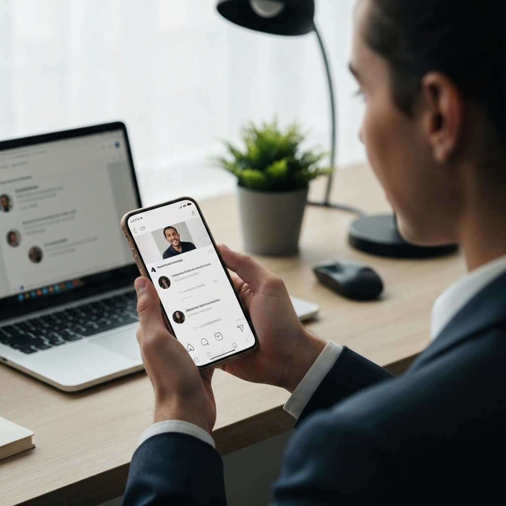 A person is holding a phone, looking at a social media post. The screen displays a photo of a smiling person and several positive comments. The background shows a modern, minimalist desk with a laptop and a plant.
