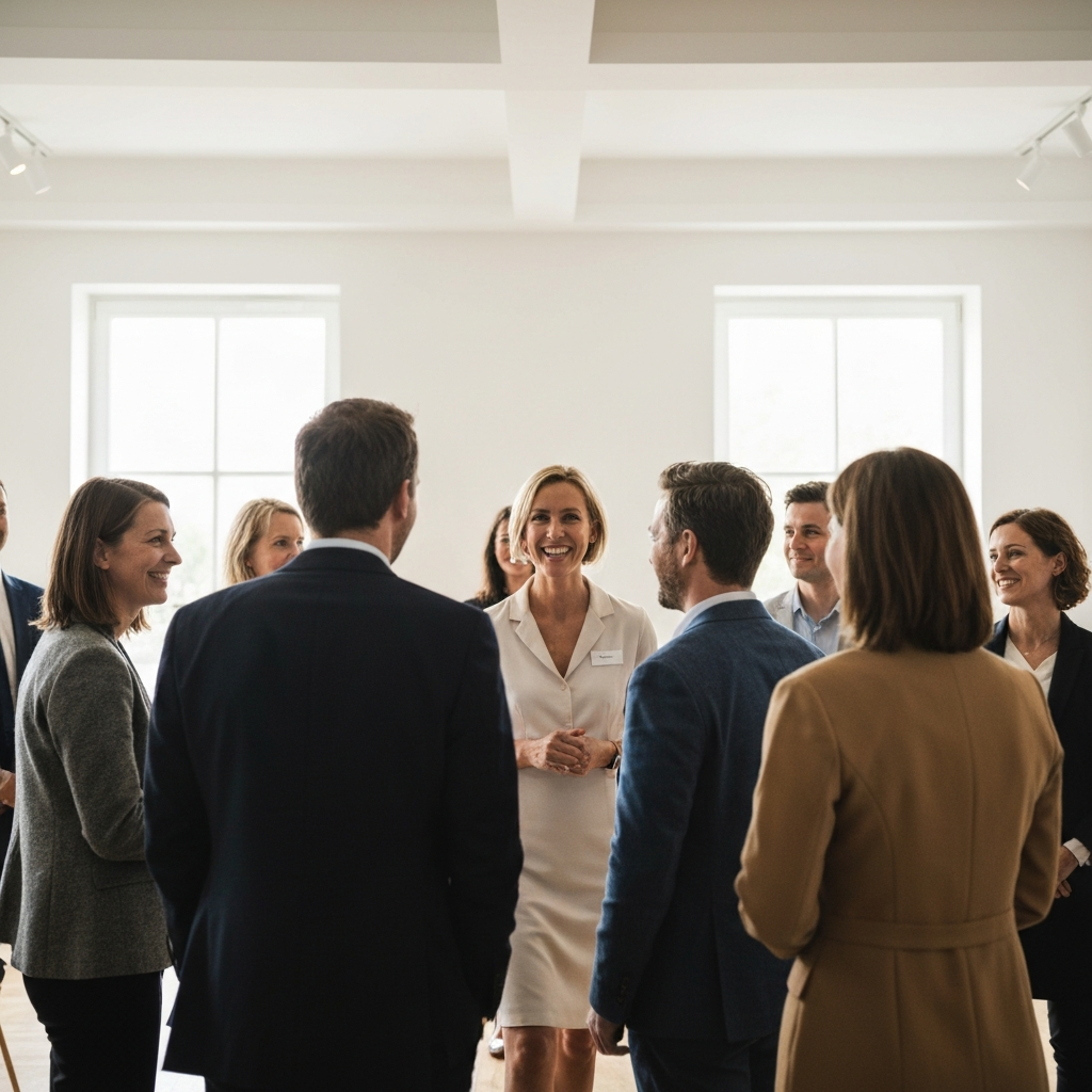 A person walks into a brightly lit room filled with people. Several people turn to look at them, smiling and making eye contact. The atmosphere is warm and inviting, with soft, natural light filtering through the windows.