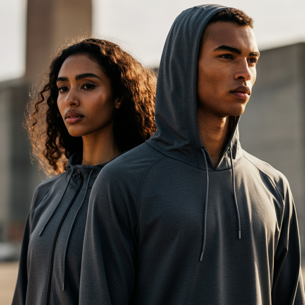Two people are standing side-by-side, wearing similar outfits and striking a similar pose. The lighting is soft and diffused, highlighting the textures of their clothing. The background is a blurred urban landscape.