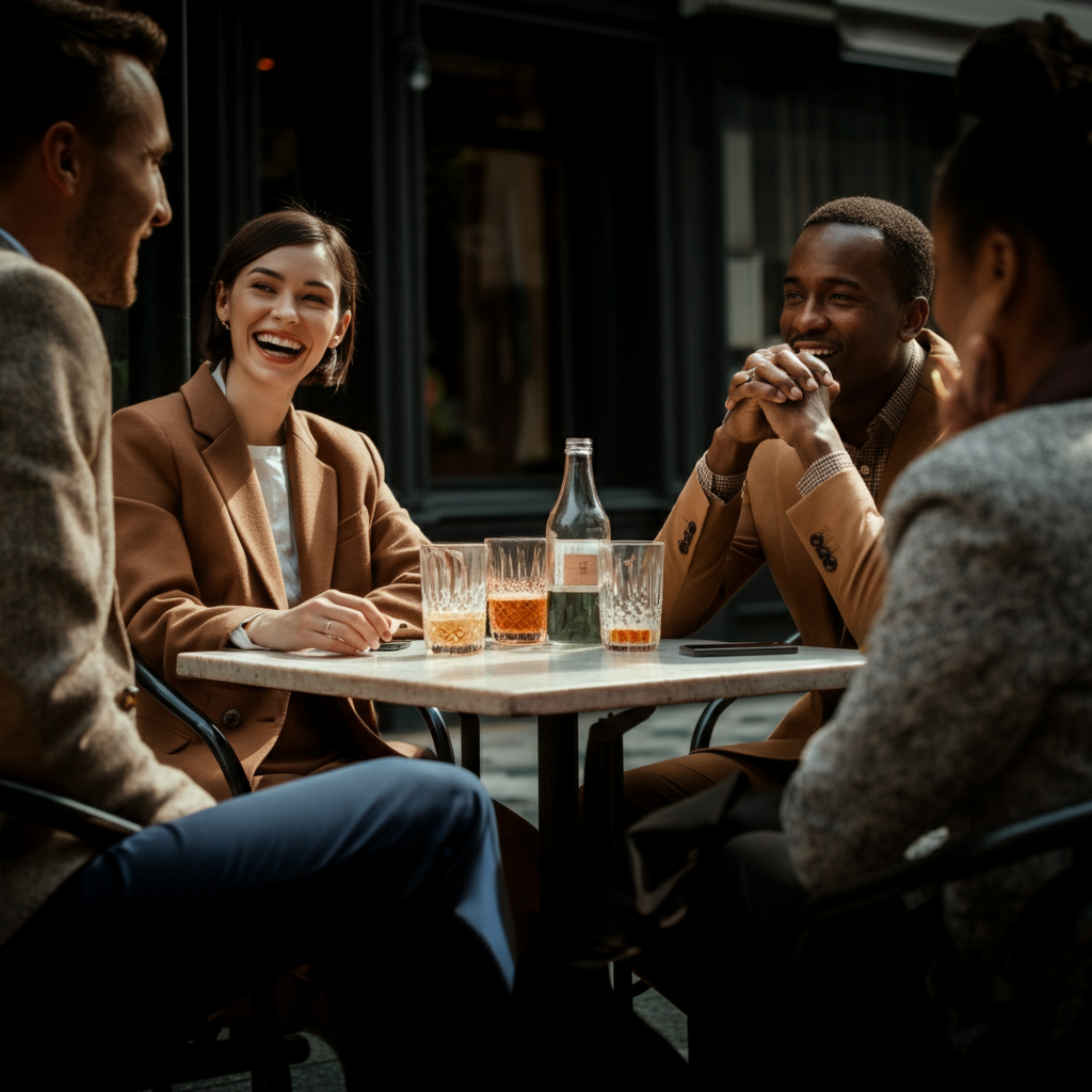 A group of friends are sitting around a table at an outdoor cafe, laughing and talking. One person is the clear center of attention, with others leaning in to listen to them. The scene is bathed in warm sunlight, creating a joyful and relaxed atmosphere.