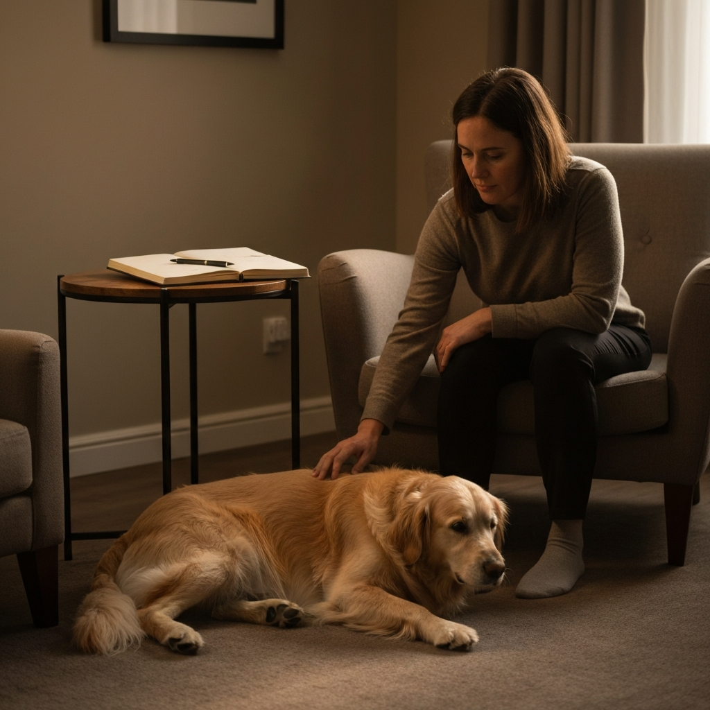 A warmly lit living room. A person sits on a comfortable armchair, gently stroking the fur of a golden retriever lying calmly at their feet. The lighting is soft and diffused, casting a warm glow on the scene. A journal and pen rest on a nearby side table.