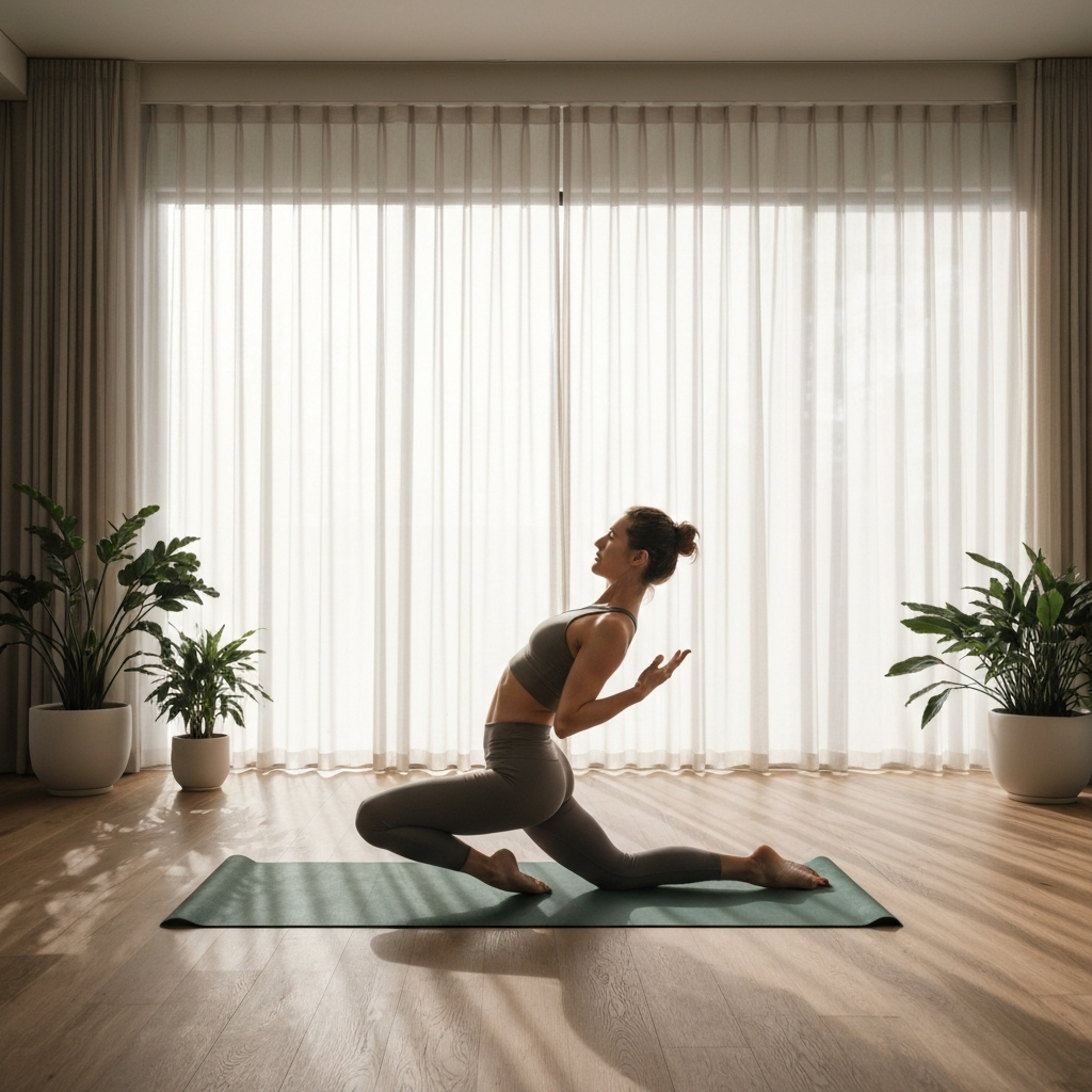 A person practices yoga in a sunlit studio with soft, natural light filtering through sheer curtains. They are focused and serene. The room has hardwood floors and potted plants.