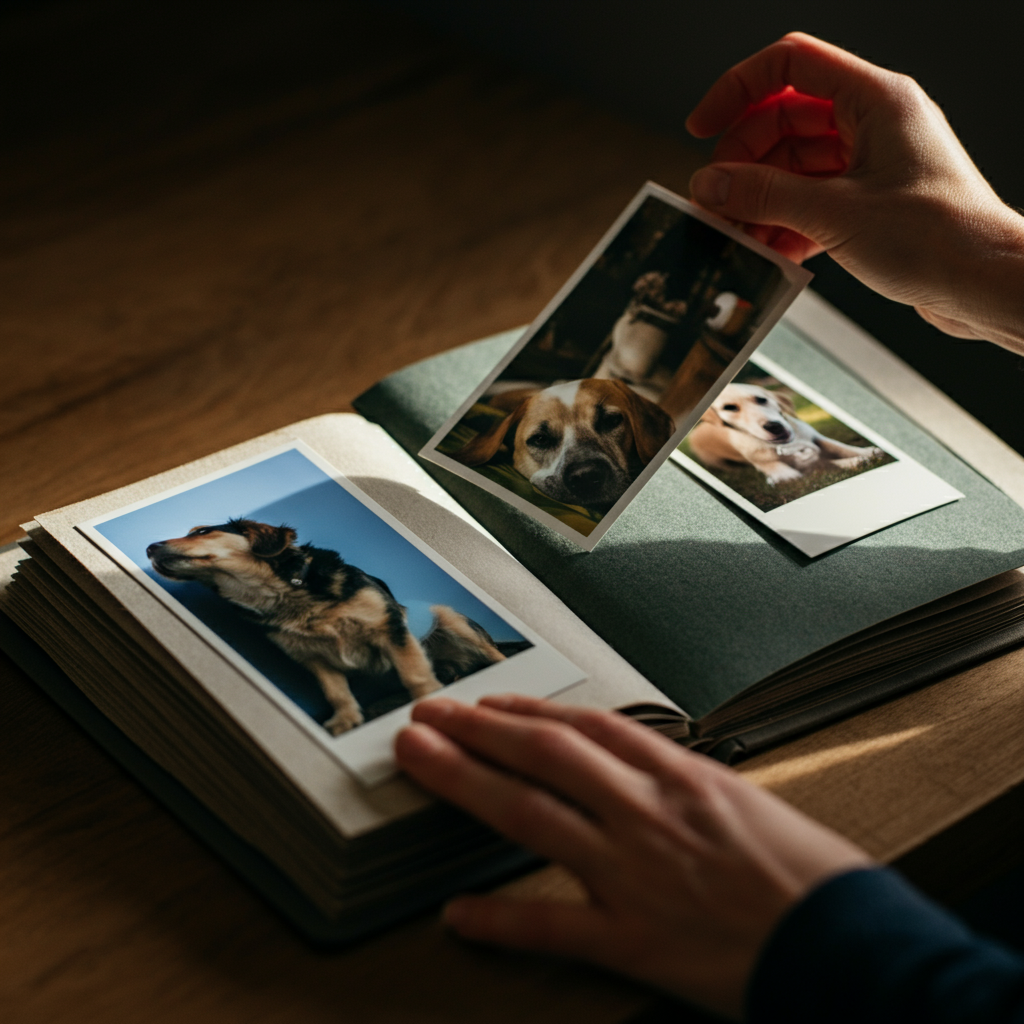 Close-up shot of a person's hands gently placing a photograph into a scrapbook. The scrapbook is filled with pictures of a dog playing in a park, sleeping indoors, and interacting with its owner. The lighting is soft and focused on the scrapbook's texture and the glossy prints.