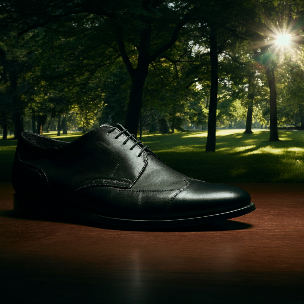 A person walks briskly through a park on a sunny morning. The trees are lush and green. The lighting is bright and cheerful, with dappled sunlight filtering through the leaves.