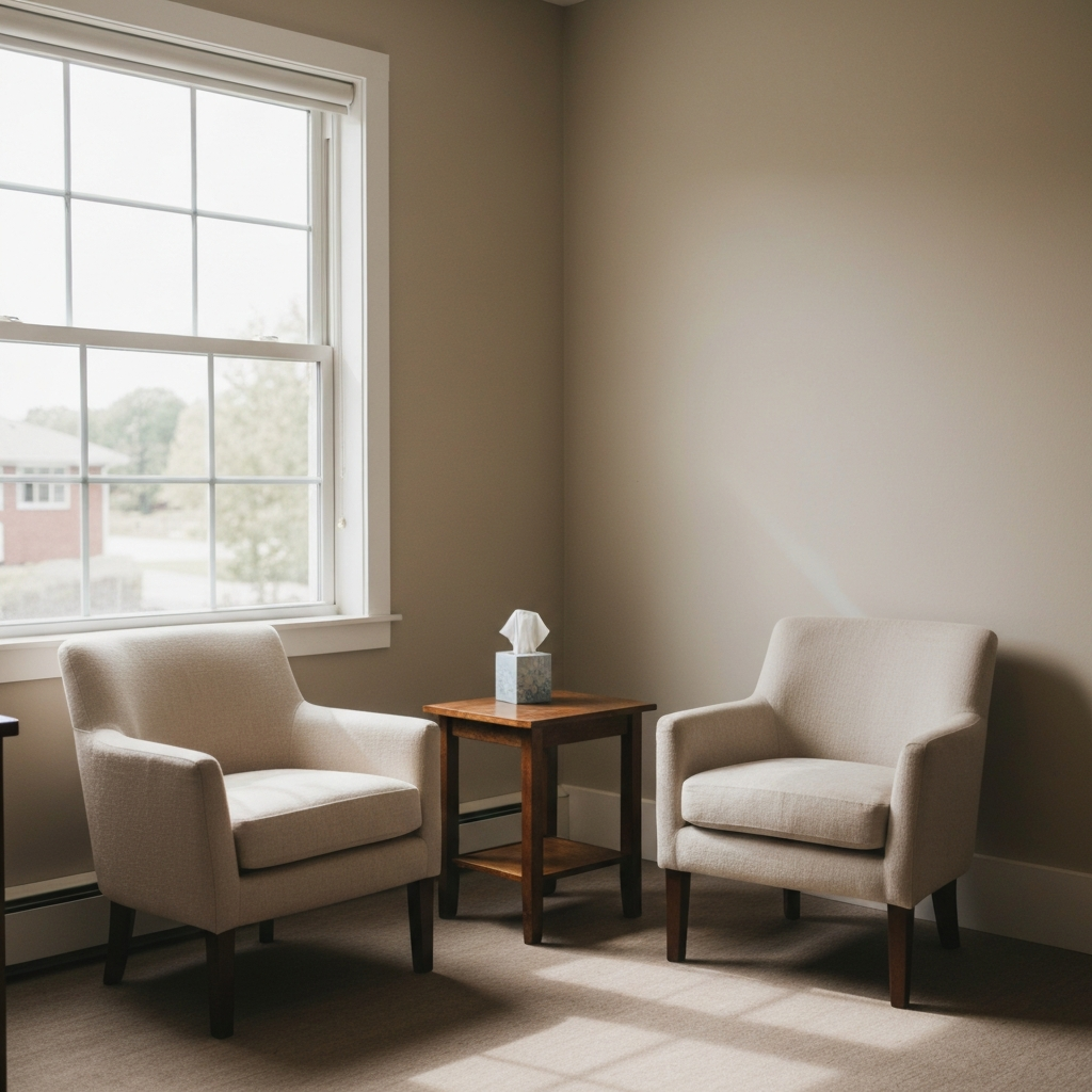A quiet and comfortable therapy office. Soft natural light enters through a window. Two upholstered chairs face each other with a small table between them. A box of tissues sits on the table.