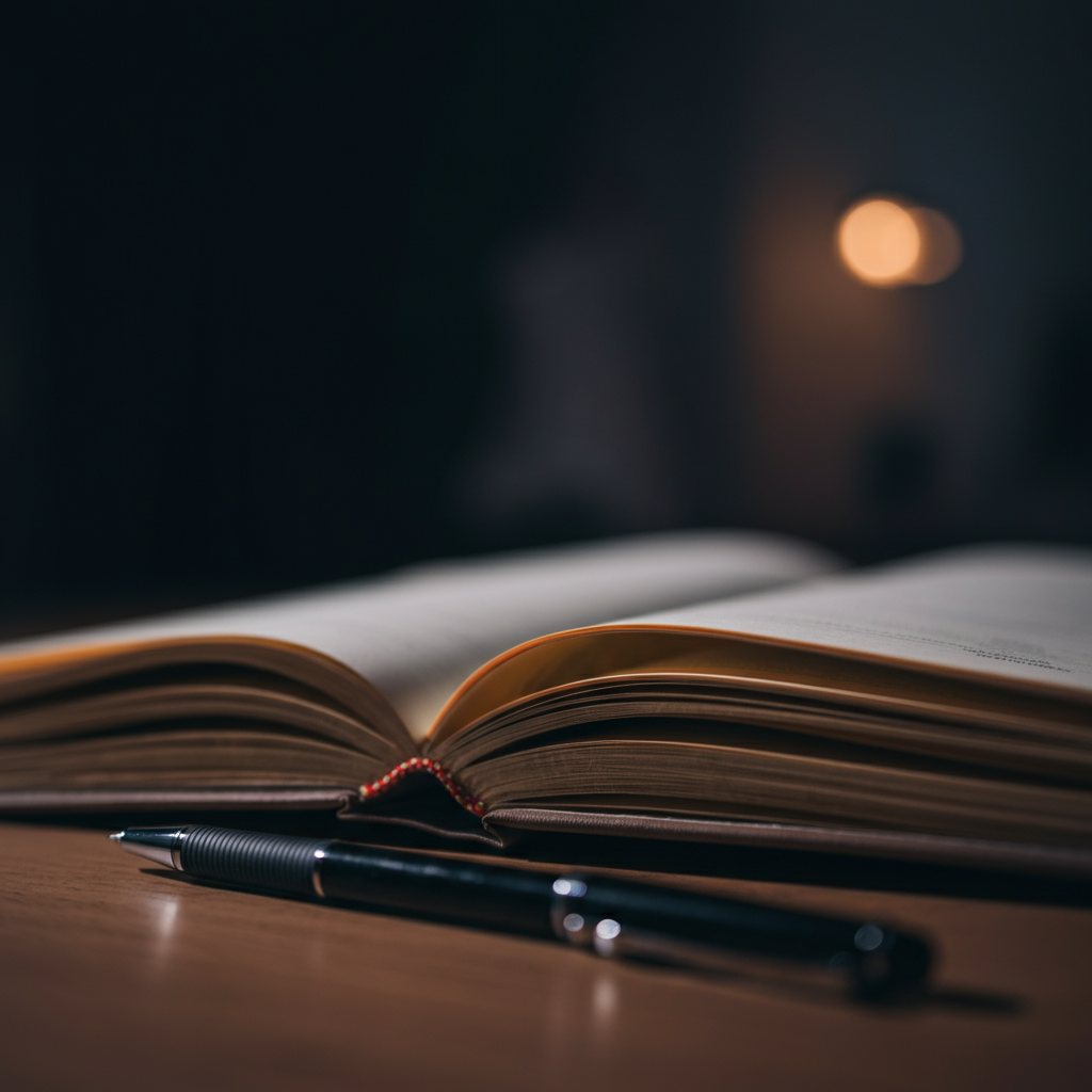 A close-up shot of an open journal on a desk bathed in soft, natural light. A pen rests beside the journal. The journal pages are slightly textured and aged, suggesting frequent use. A blurred background of a cozy home office adds depth.