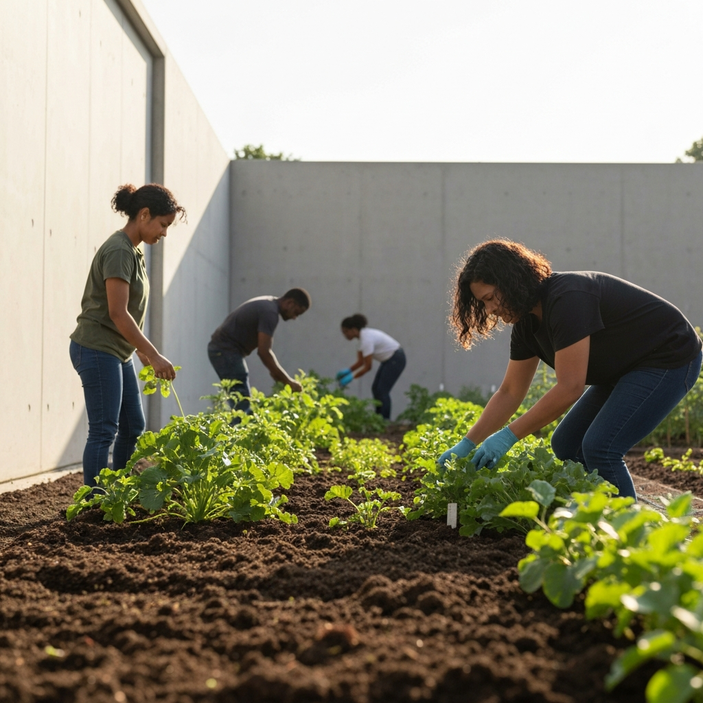 A vibrant community garden, side-lit by the afternoon sun, showing diverse individuals tending to plants. Soil textures are rich and varied. The focus is sharp on the foreground, with a soft bokeh effect in the background.