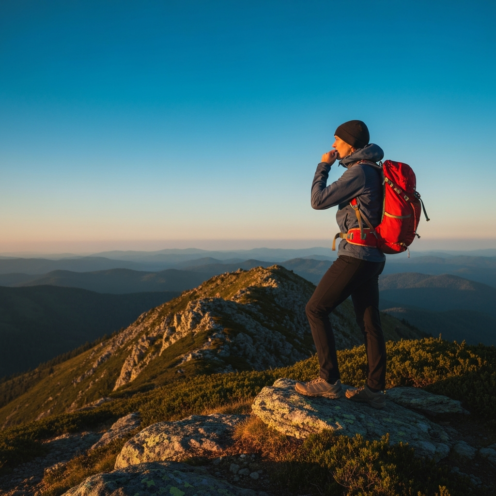 A person standing on a mountaintop, looking out at a vast landscape under a clear blue sky. The scene is shot during golden hour, with warm light accentuating the textures of the rocks and vegetation. The person is dressed in hiking gear and appears thoughtful and contemplative.