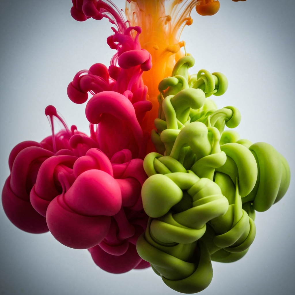 An abstract close-up shot of swirling paints in water, capturing the vibrant colors and textures. The lighting is soft and diffused, creating a sense of depth and movement within the image.