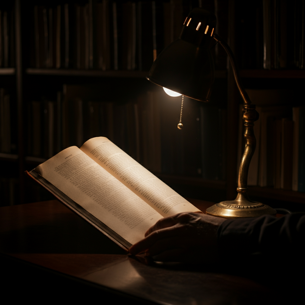 A dimly lit library, filled with rows of books. A single table lamp illuminates an old leather-bound book opened to a marked page. The focus is sharp on the book's textures and the warm light, with a soft focus on the background shelves.