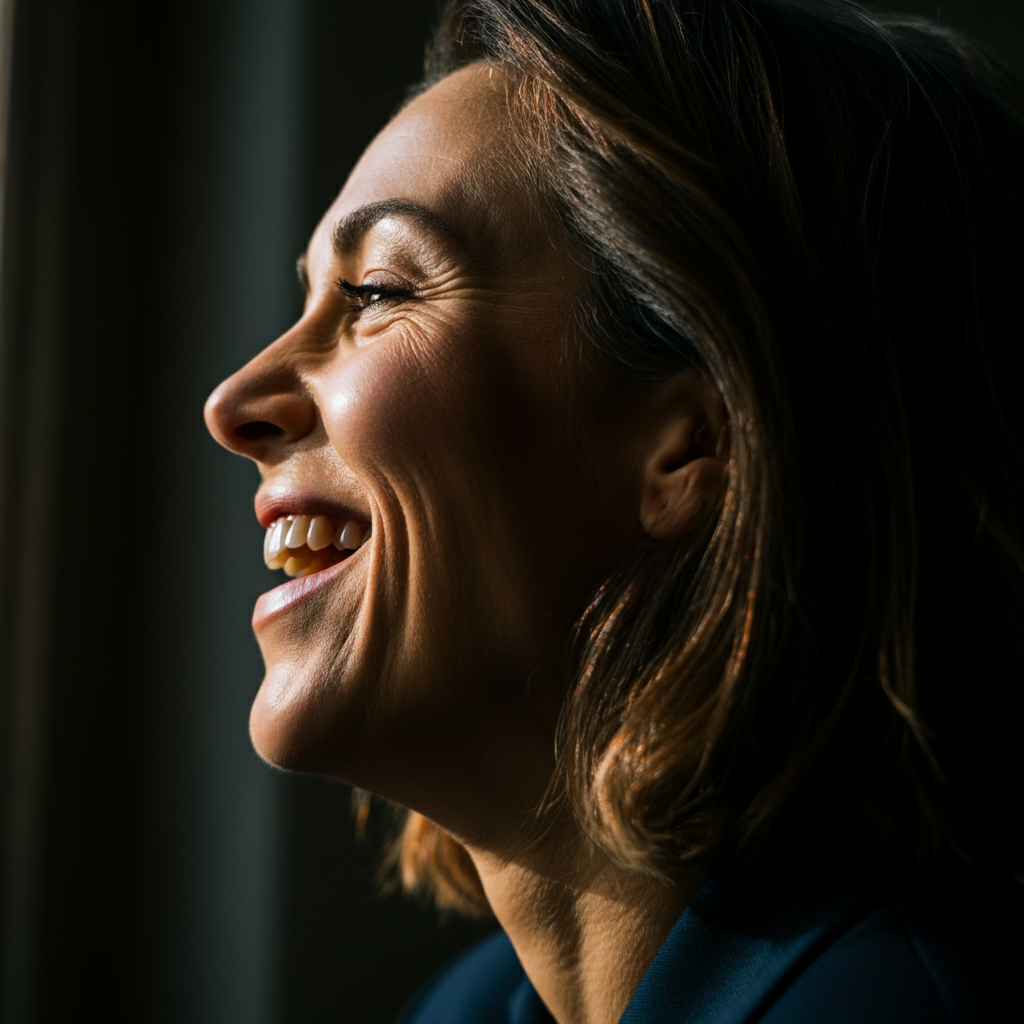 Close-up shot of a woman laughing, side-lit with soft window light, highlighting the texture of her smile lines and slightly tousled hair.