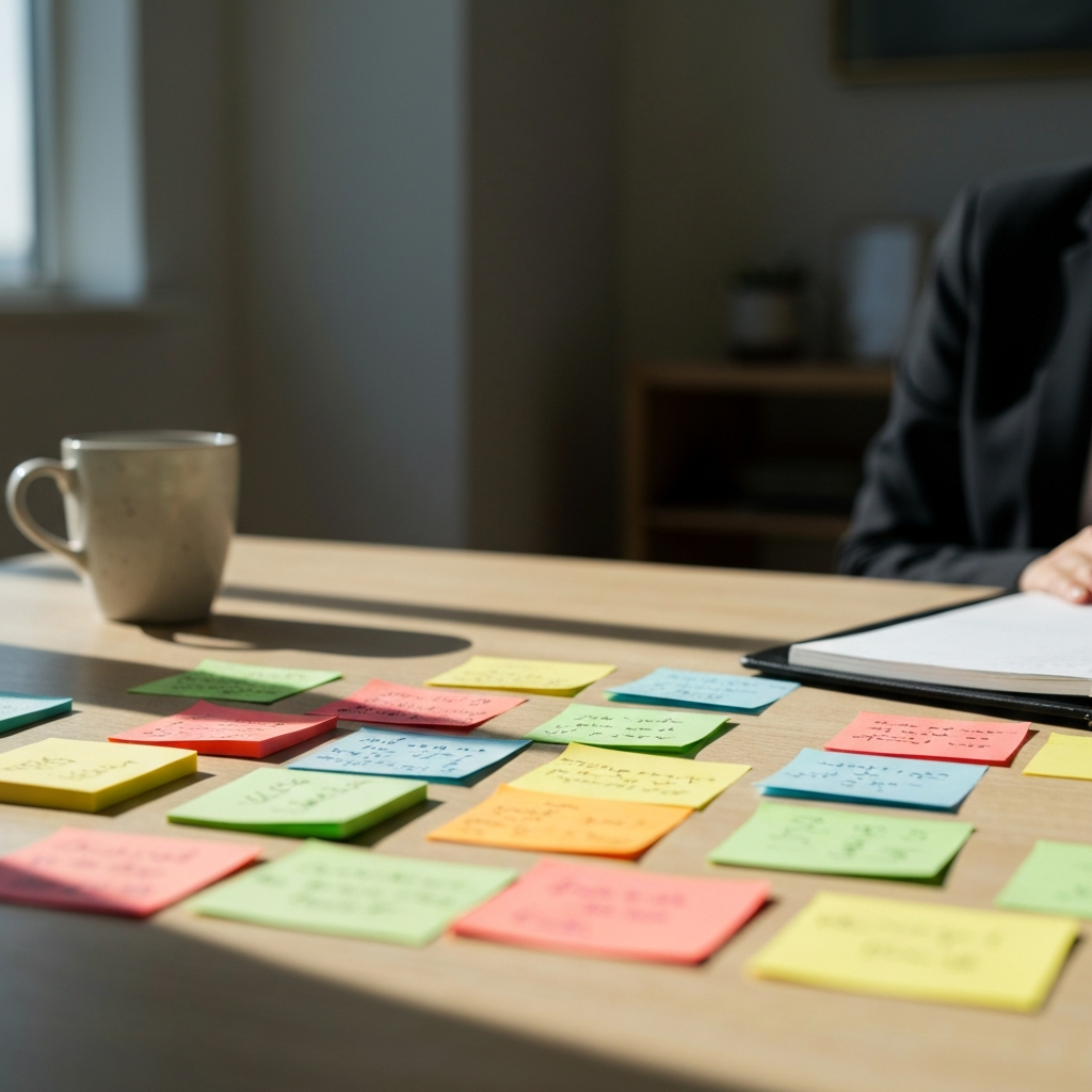 A sunlit desk covered in colorful sticky notes with handwritten words and doodles. A ceramic mug sits off to the side, slightly out of focus, creating a soft bokeh effect.