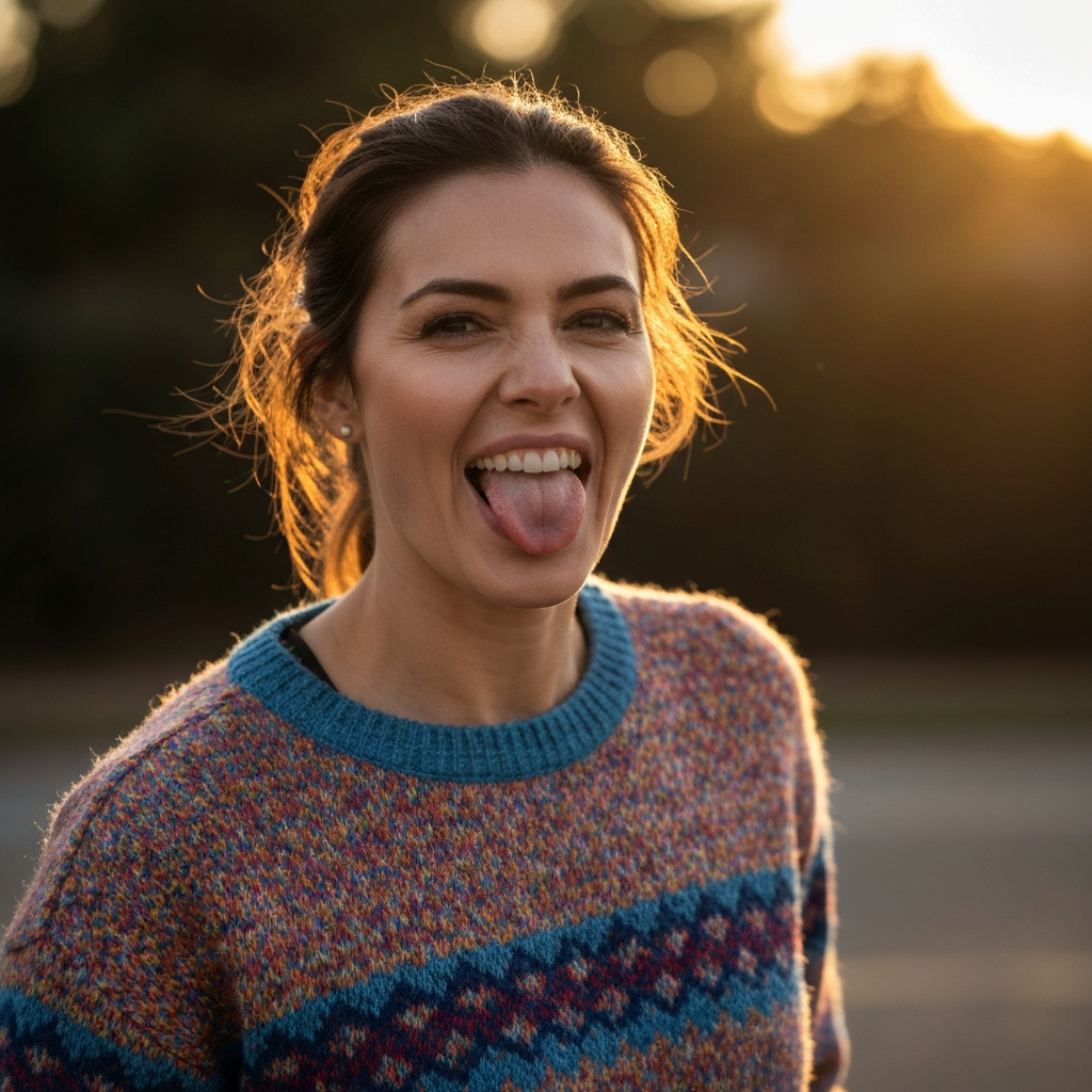 A woman playfully sticking her tongue out, wearing a colorful sweater. The background is blurred, emphasizing the focus on her face.