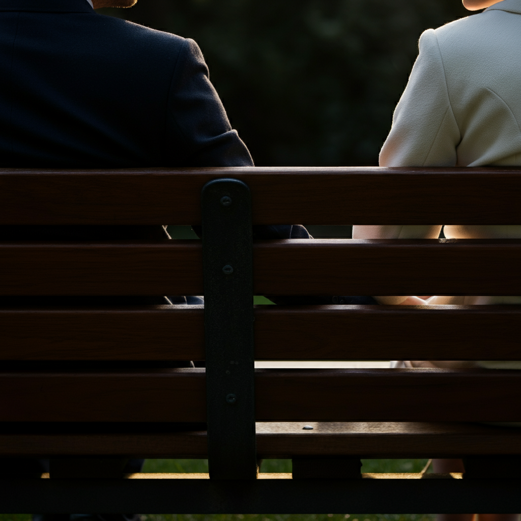 A couple sitting on a park bench, side-by-side, holding hands. Golden hour lighting casts a warm glow, highlighting the texture of the wooden bench.