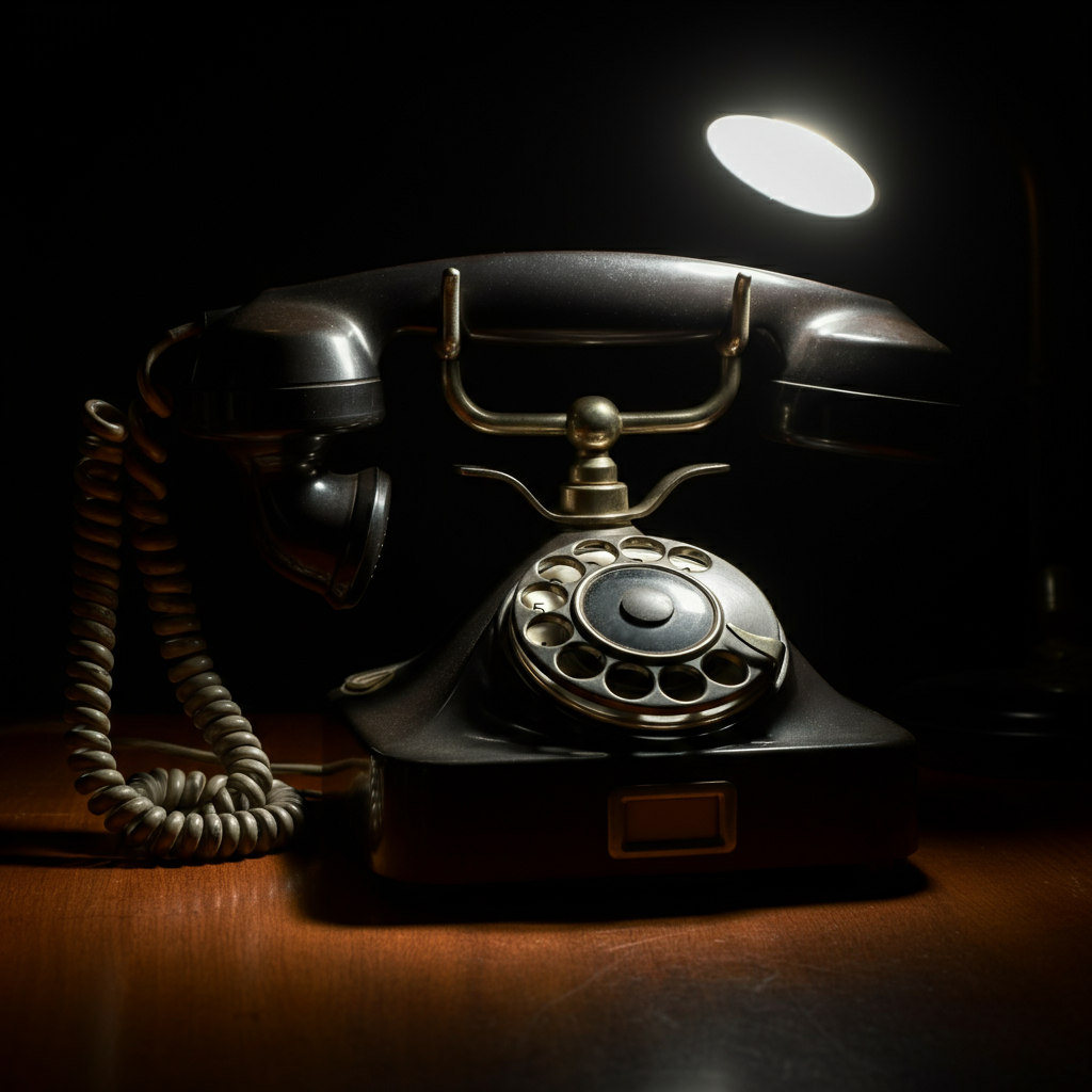 A vintage rotary phone on a wooden table, side-lit with a single desk lamp, creating dramatic shadows and highlighting the intricate details of the phone's design.