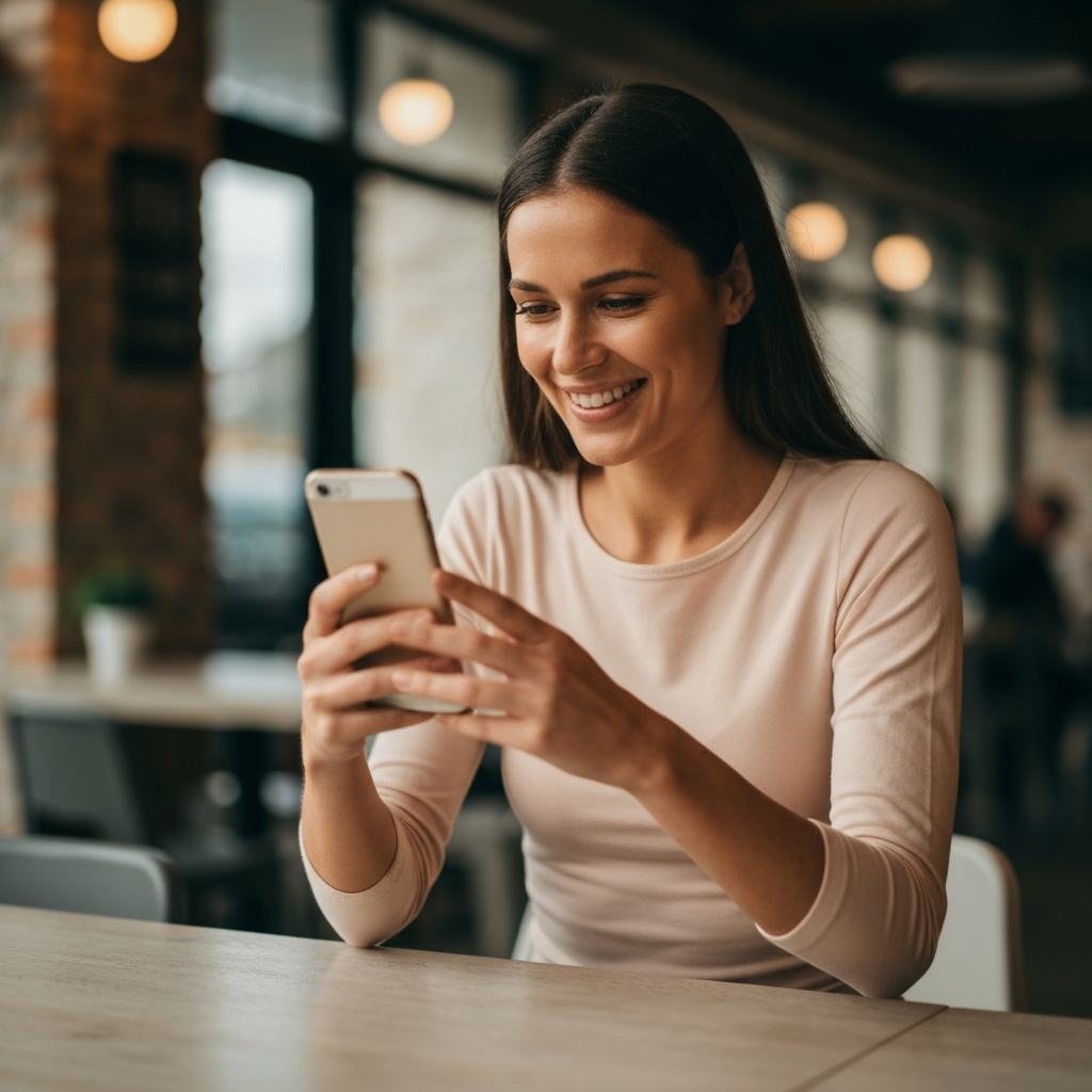 A woman smiling at her phone, sitting in a brightly lit cafe. The background is blurred, focusing attention on her face and phone.