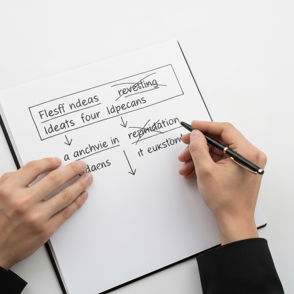 Two hands holding a pen and paper, brainstorming ideas. The paper is filled with crossed-out words and arrows, showing the process of refinement.