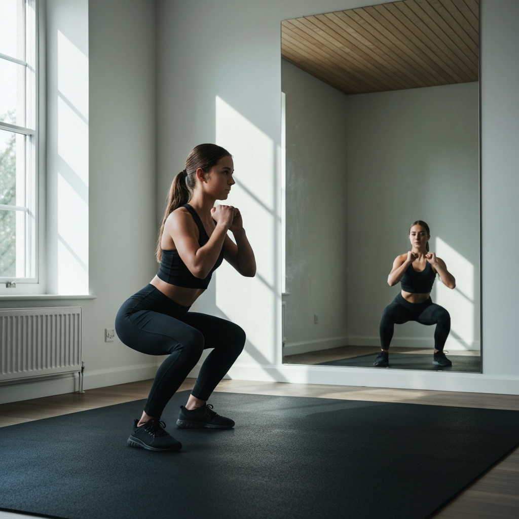 A teen girl in a home gym setting is shown doing a controlled bodyweight squat. The focus is on her form and posture. The room is well-lit with natural light coming from a window. A mirror reflects her image, allowing for self-correction.