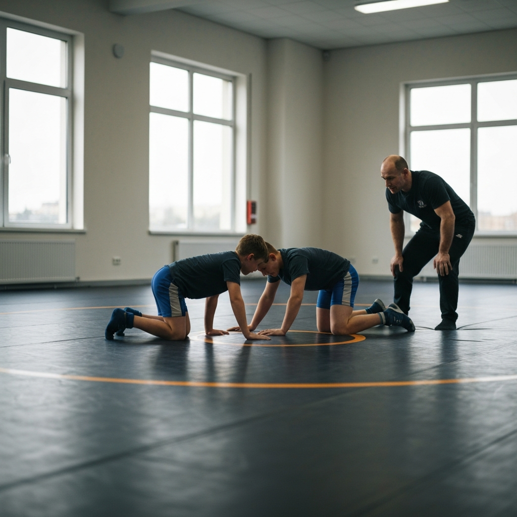 Two young wrestlers are carefully practicing a wrestling move on a padded wrestling mat in a well-lit gym. A qualified trainer observes their technique from a safe distance.
