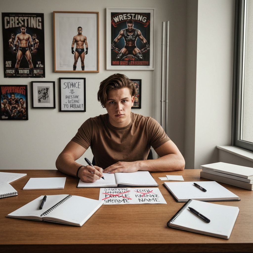 A young wrestler sits at a desk, surrounded by notebooks and pens. They are brainstorming ideas for their in-ring name, writing down different options and crossing some out. The room is filled with wrestling posters and memorabilia, inspiring their creative process.