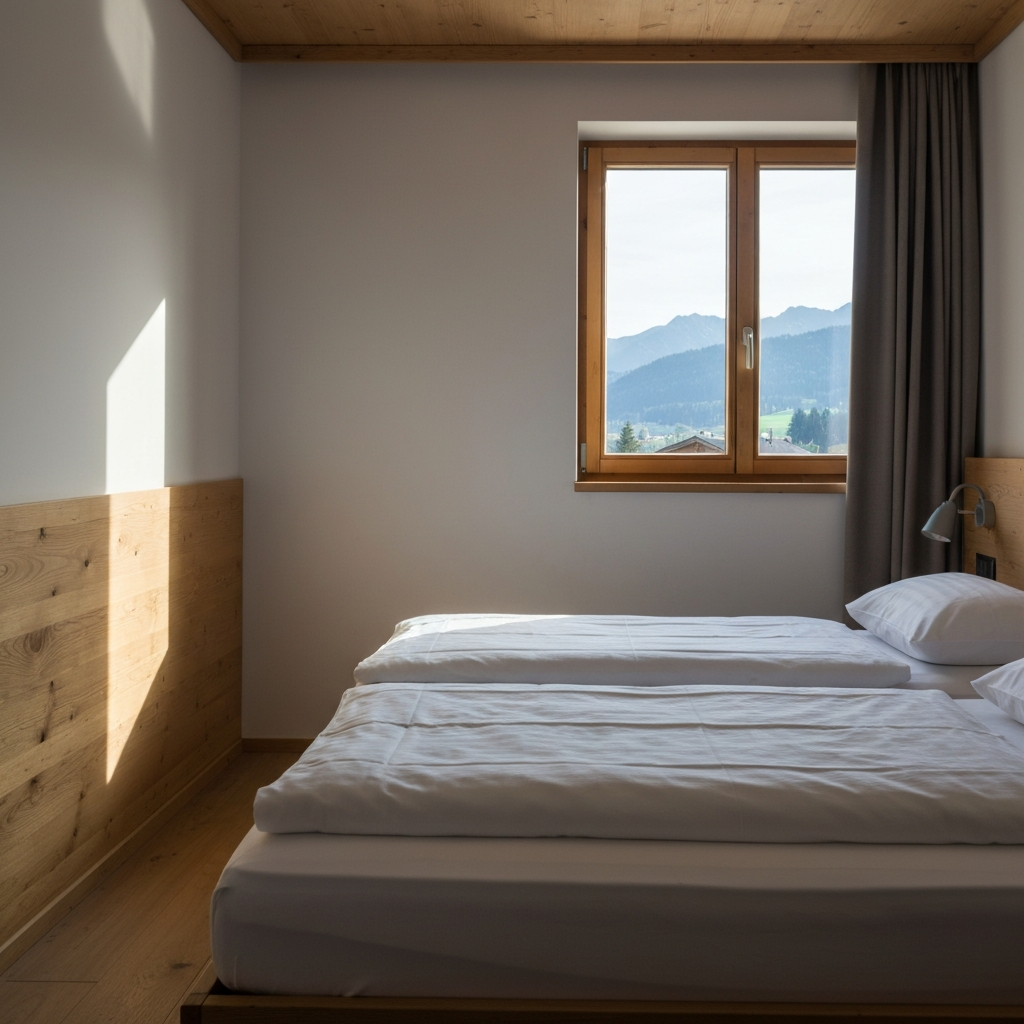 A simple, clean guesthouse room with a window showing a glimpse of the mountains. Natural light streaming in, highlighting the textures of the bedsheets and wooden furniture.