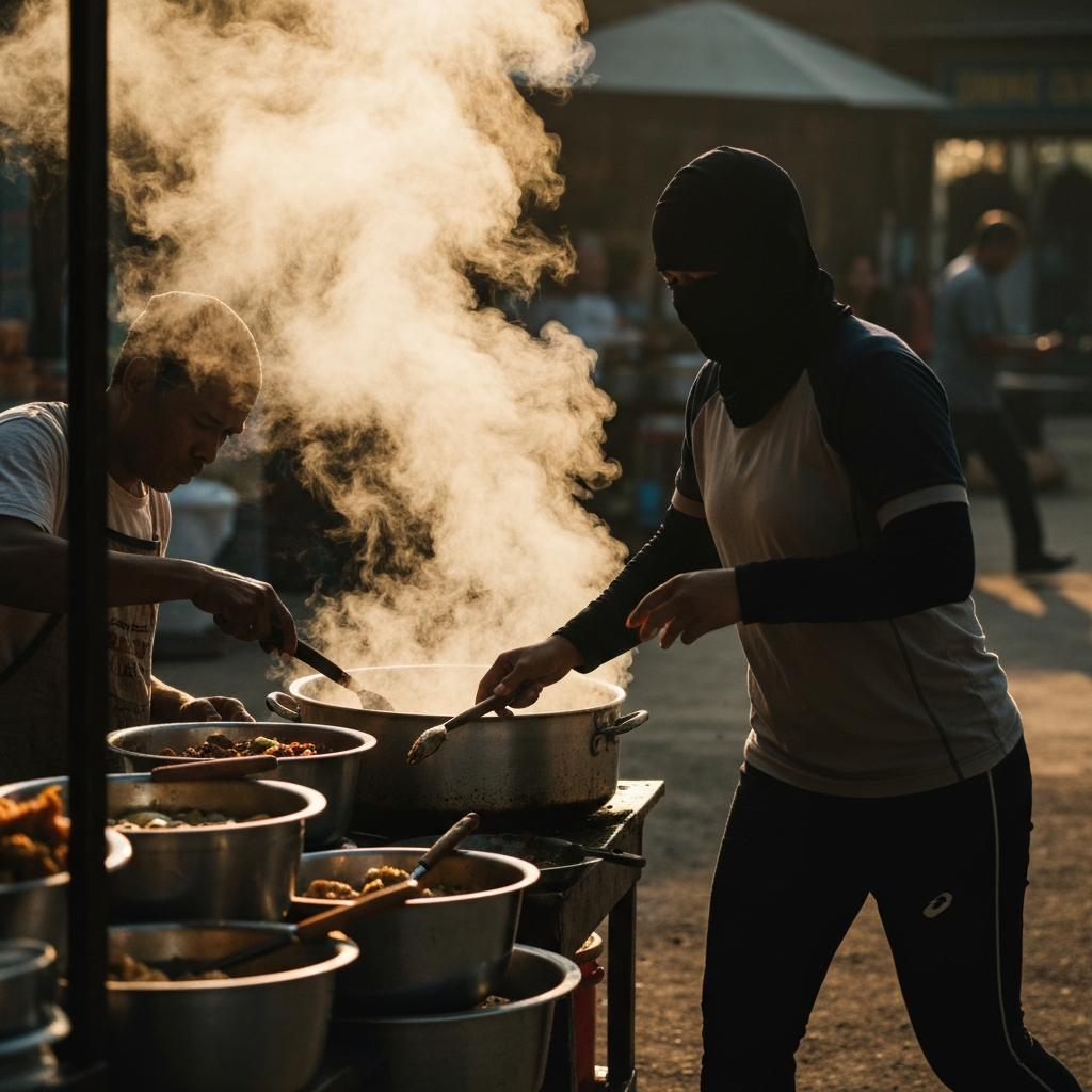 A bustling street food stall with a vendor cooking local dishes. Soft, warm light highlighting the vibrant colors of the food and the steam rising from the cooking pots.