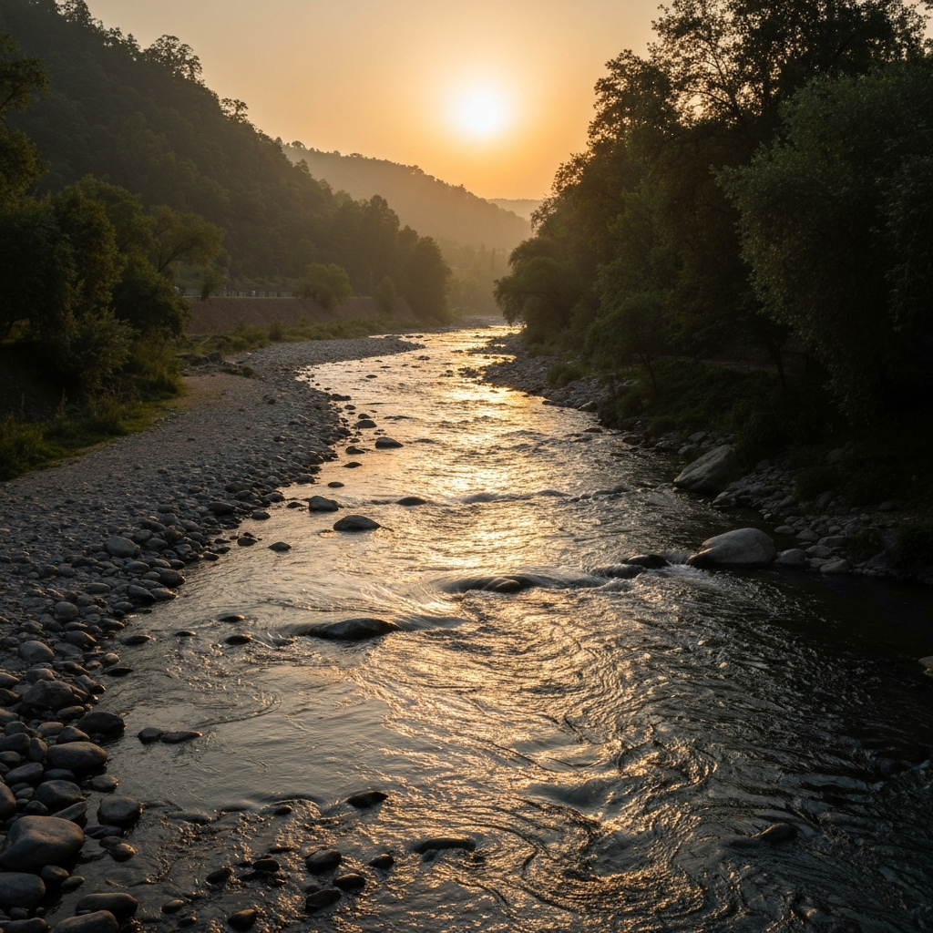A wide-angle shot of the Sharda River flowing through a valley. Soft, golden hour lighting illuminating the water and the surrounding greenery. Professional composition with balanced elements.
