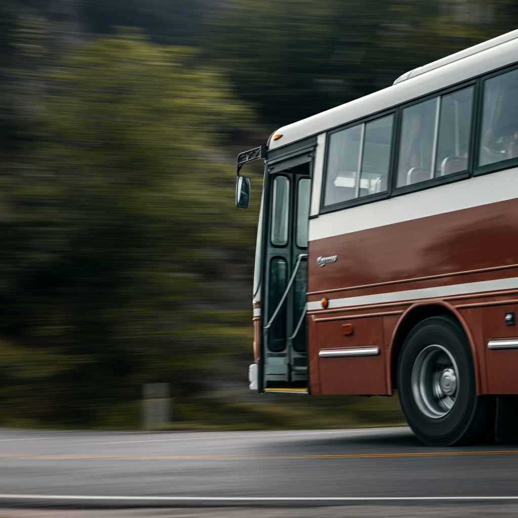 A local bus traveling along a winding mountain road. Side-lit textures on the bus, highlighting the details of its construction. Background blurred to convey movement.