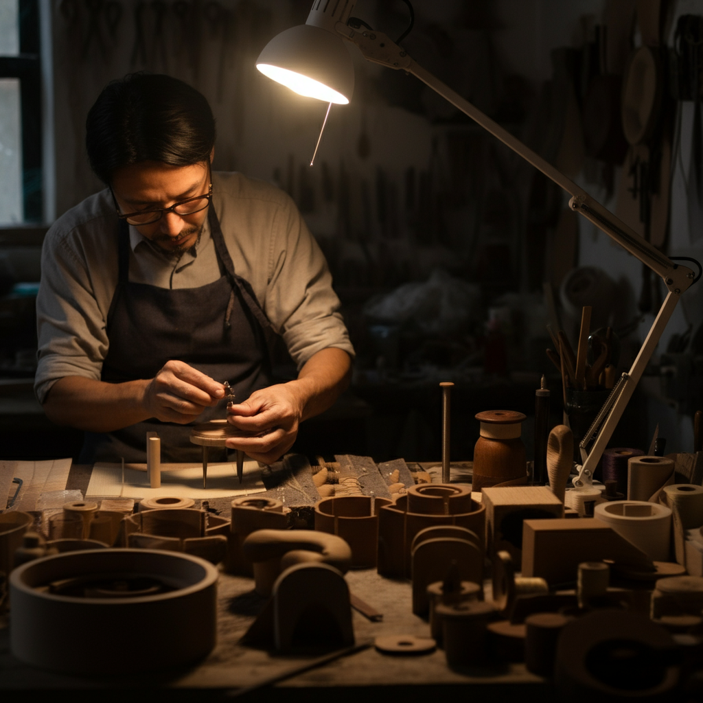 A local artisan working on a craft item. Warm, inviting lighting in the workshop, highlighting the textures of the materials and the artisan's hands.