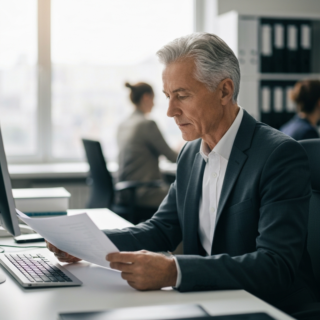 A well-lit office environment. A mature worker sits at their desk, reviewing documents with a focused expression. Soft bokeh in the background suggests a busy but supportive atmosphere. Natural light streams through a window, highlighting the texture of the worker's professional attire.