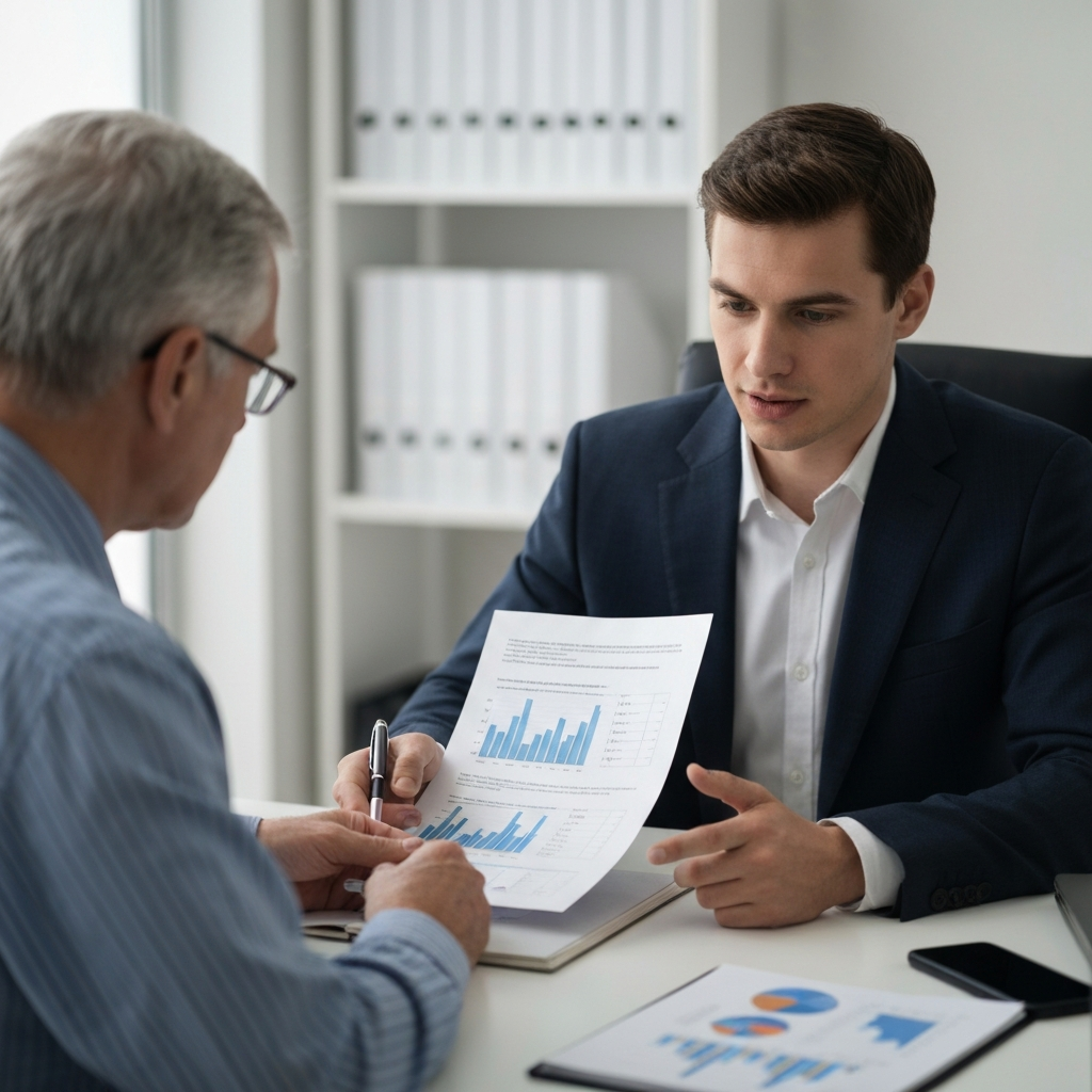 A focused financial advisor sits across a desk from a senior client, reviewing detailed financial documents. The office environment is clean and professional, with soft, ambient lighting. The advisor points to key figures on a document, explaining the information clearly and concisely.