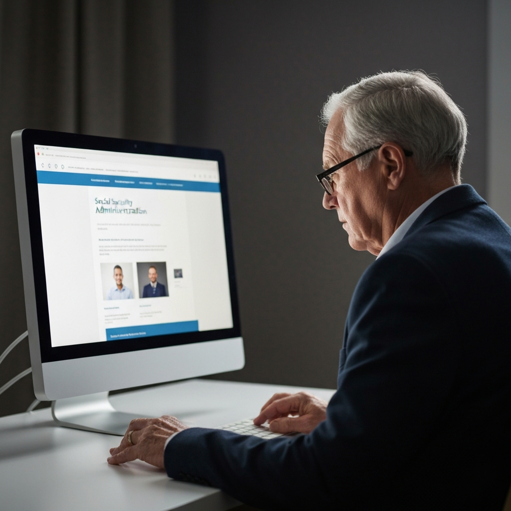 A senior individual sits at their computer, carefully reviewing information on the Social Security Administration website. The room is well-lit, and the individual is wearing reading glasses. The monitor displays a clear and user-friendly interface.