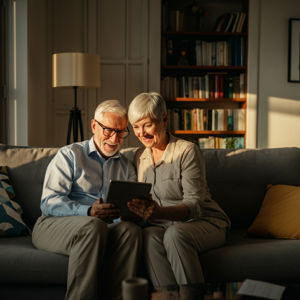A sunlit living room. An older couple sits together, smiling warmly as they review their investment portfolio on a tablet. The room is decorated with personal touches, reflecting their comfortable and secure retirement lifestyle. Golden hour lighting creates a warm and inviting atmosphere.