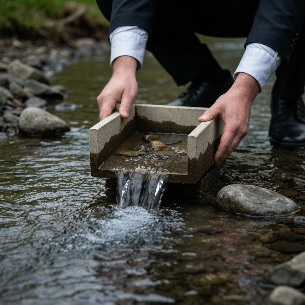 A close-up of a sluice box being carefully leveled with rocks in a shallow stream, water gently flowing through.
