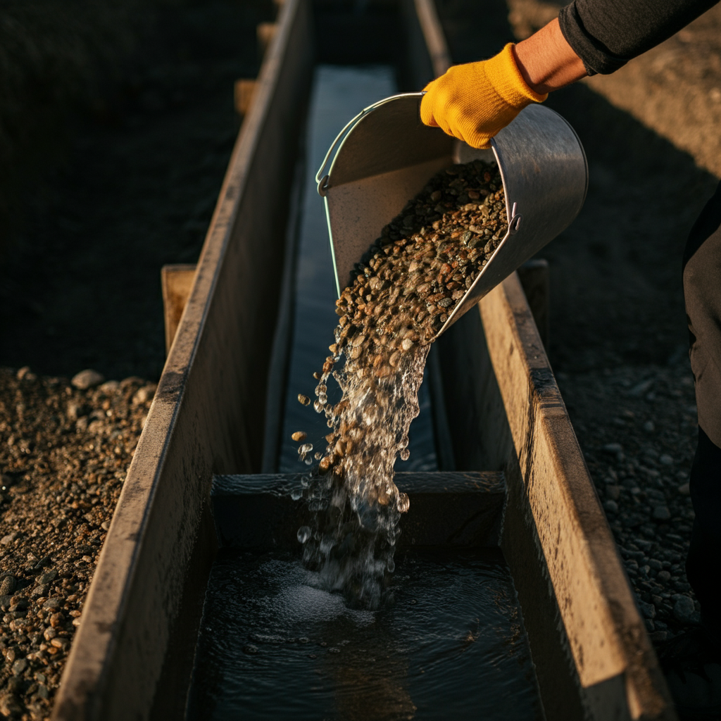 A gloved hand carefully scooping gravel from a bucket and feeding it into the upper end of a sluice box, with water flowing through.