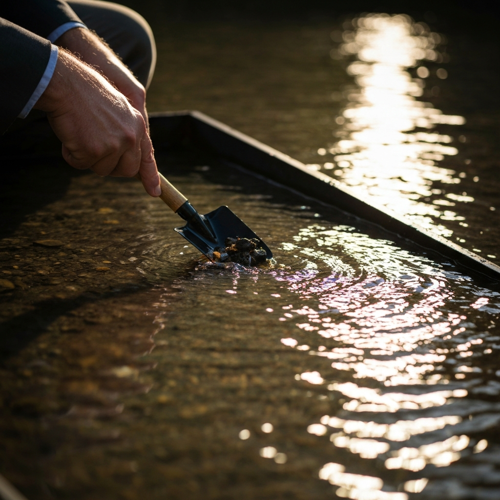 A prospector using a small shovel to clear debris from the riffles of a sluice box, with sunlight reflecting off the water.