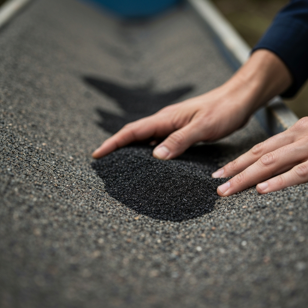 A close-up of the riffles in a sluice box, showing a buildup of black sand and gravel indicating a need for cleanup.
