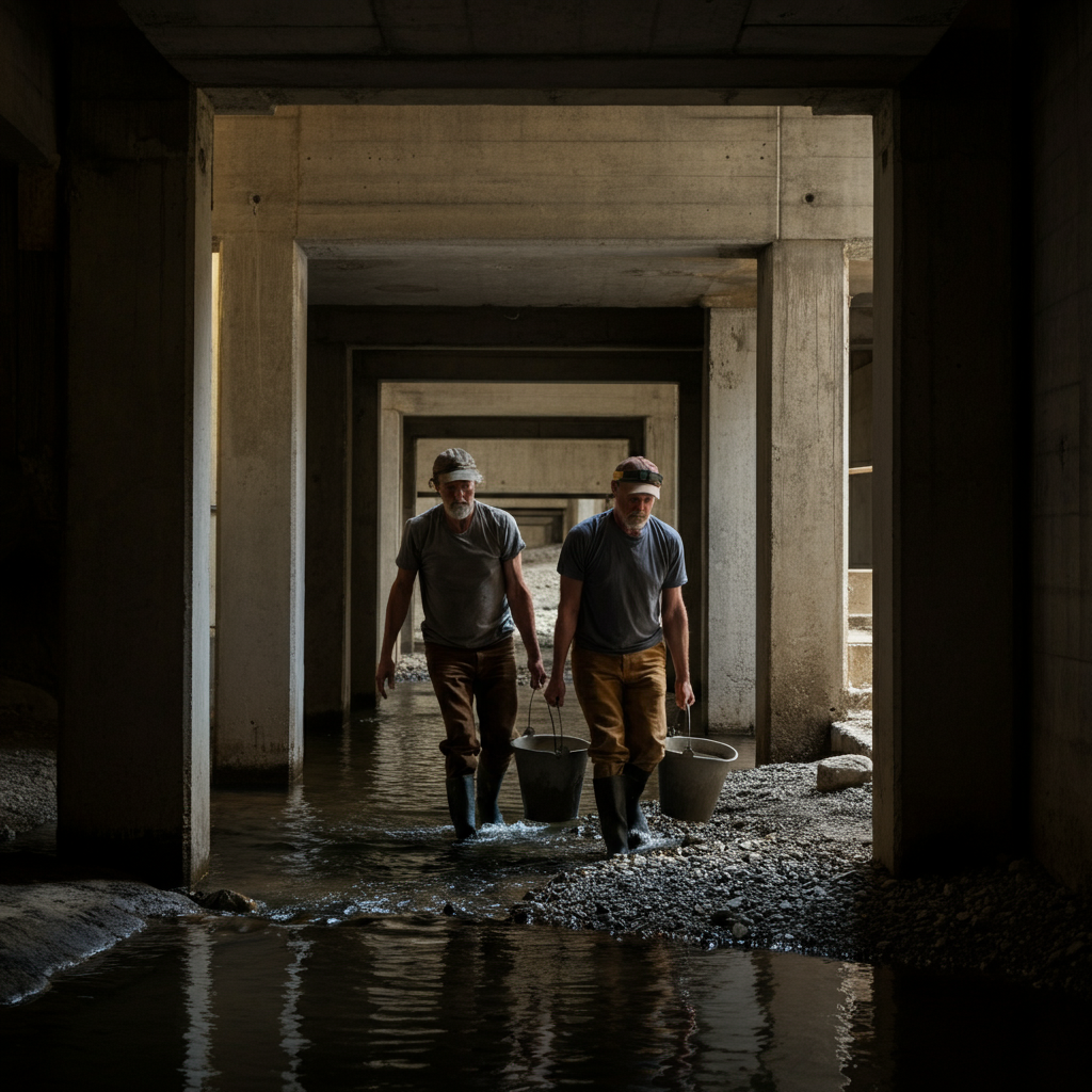 Two prospectors carefully lifting a sluice box out of a stream, carrying it to a large bucket on the bank.