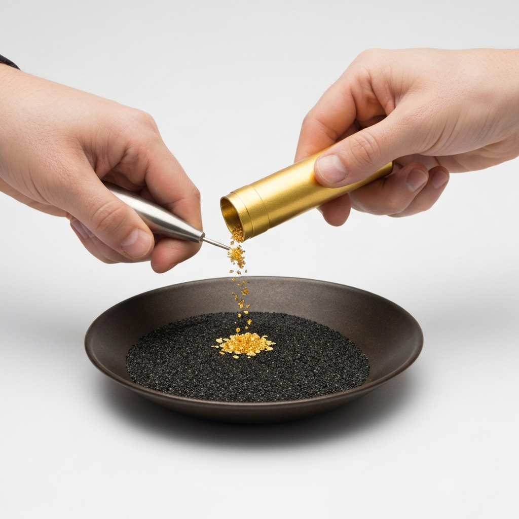 A snuffer bottle being used to collect small gold flakes from a pan containing black sand and other material.