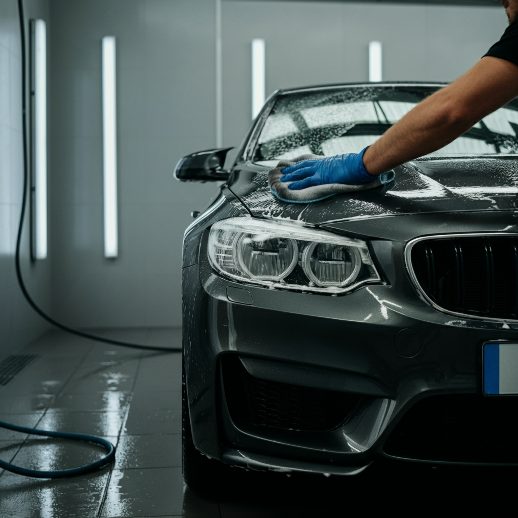 Wide shot of a person carefully washing a car using the two-bucket method. Sunlight is reflecting off the wet paint. Person is wearing nitrile gloves and using a microfiber wash mitt.