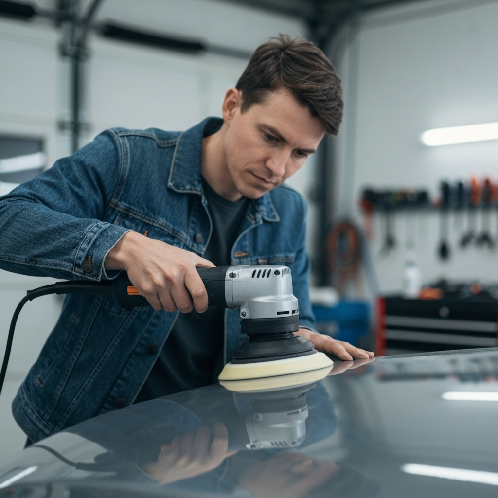 Medium shot of a person using a dual-action polisher on a car's hood. Soft bokeh background showing the garage environment. Focus is on the polisher pad and the paint surface.
