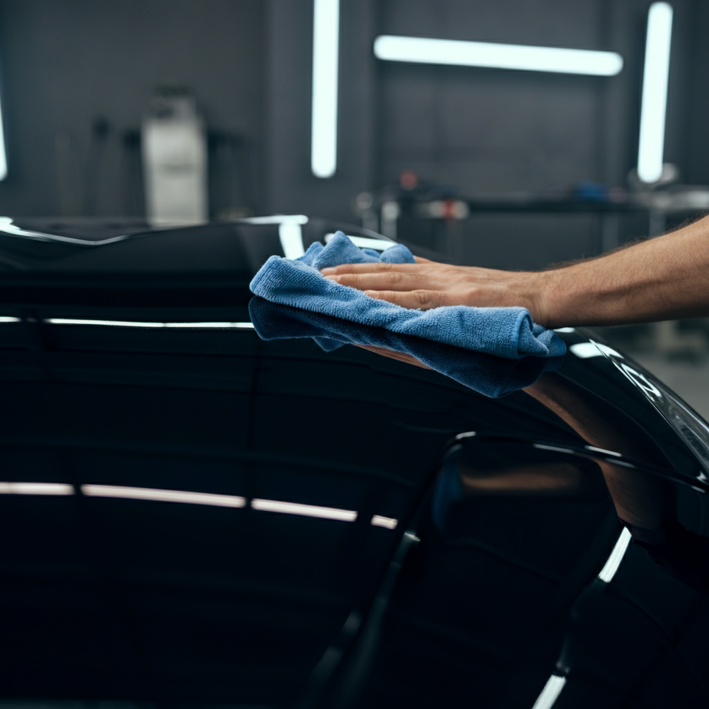 Medium shot of a person carefully wiping down a car panel with a clean microfiber towel. Soft focus background showing the garage environment. Focus is on the towel and the paint surface.