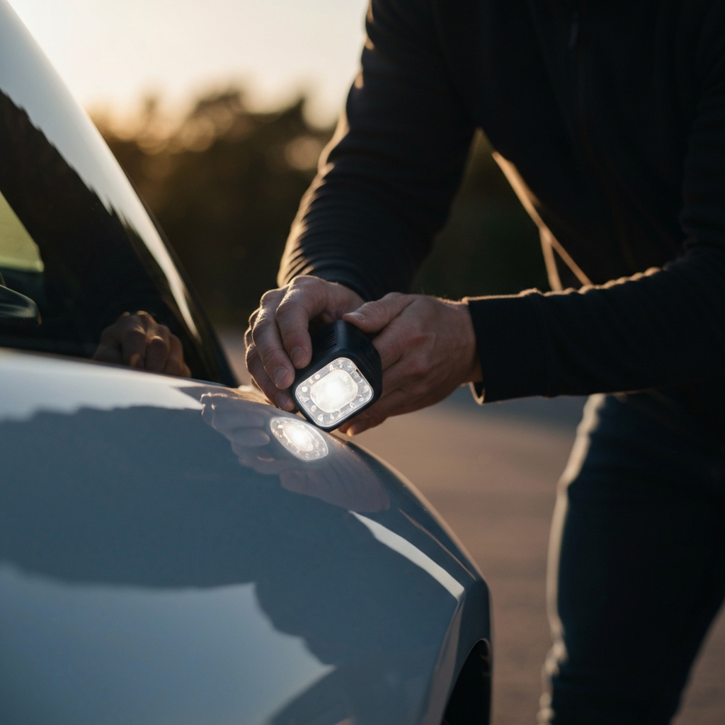 Close-up of a person inspecting a car panel with a bright LED light. Focus is on the paint surface and the reflection of the light.