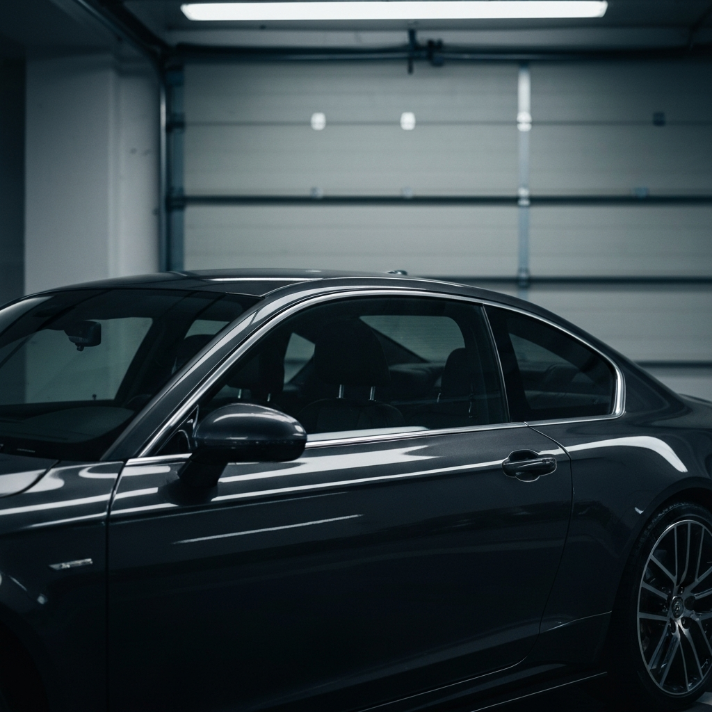 Wide shot of a car parked in a garage with soft, indirect lighting. Focus is on the car's glossy, protected surface.